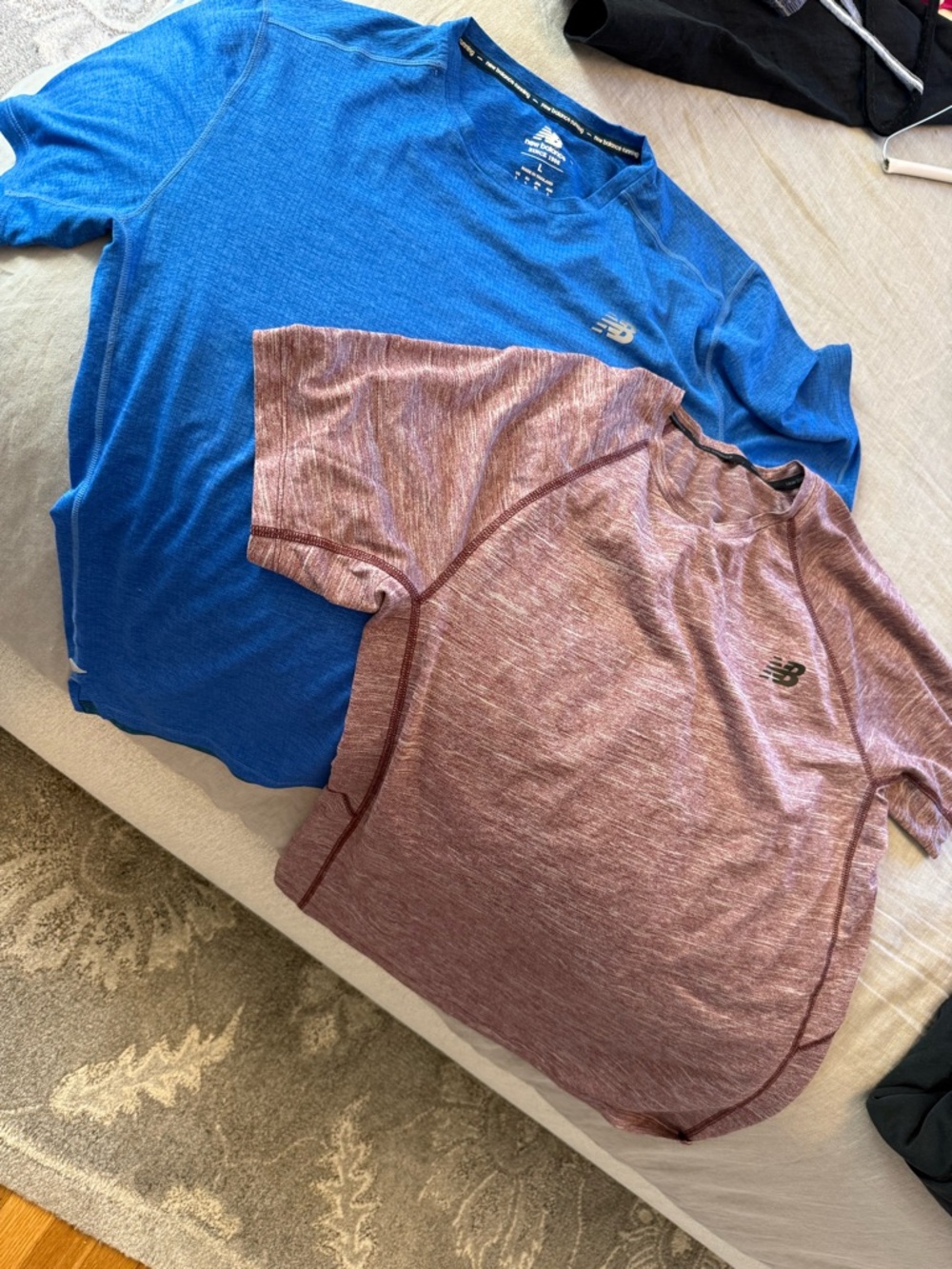 New Balance Men’s Short Sleeve Workout Tees in Blue and Maroon Heather